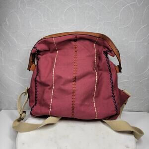 GILI Embroidered Canvas Backpack 13" Red Tan Leather Trim Adj Straps‎ Zipper